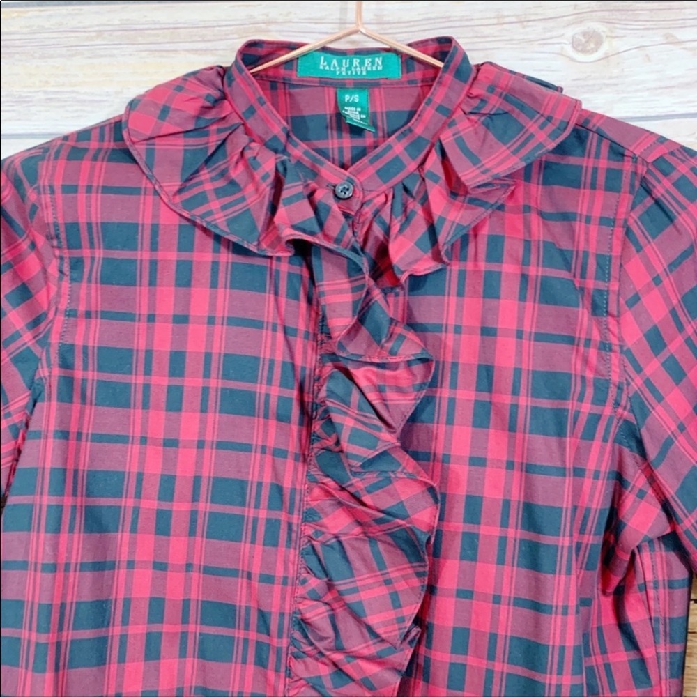 Lauren Ralph Lauren Red Black Buffalo Plaid Ruffle Cotton Blouse Fall Christmas - Picture 3 of 5